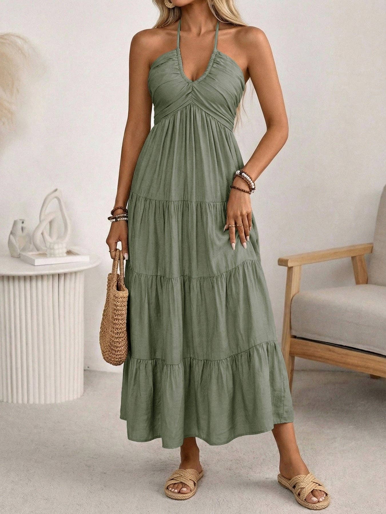 Women's Halter Tiered Maxi Dress Backless Boho Summer Vacation