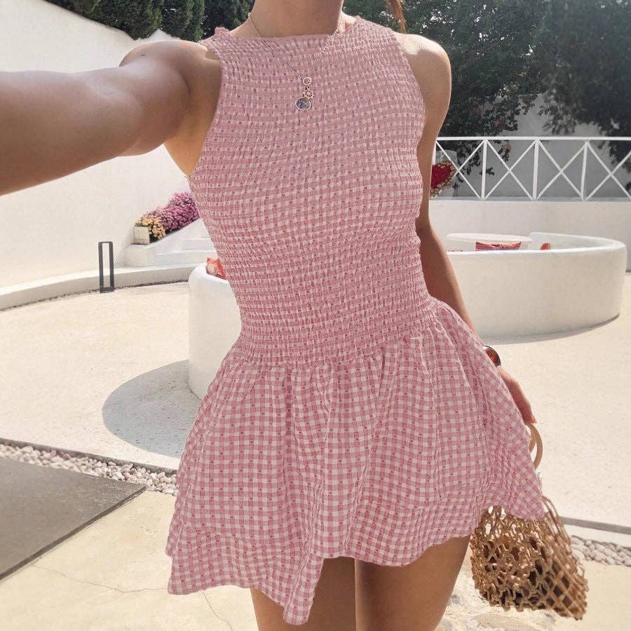 Women’s Smocked Gingham Sleeveless Ruffle Mini Dress: Pink / 100%Polyester / S
