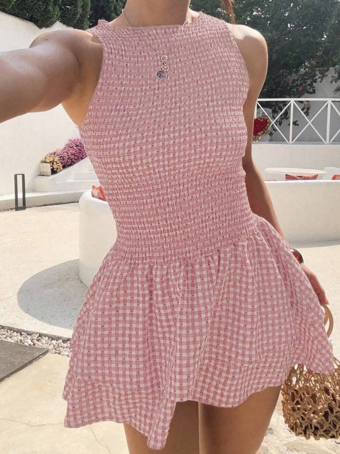 Women’s Smocked Gingham Sleeveless Ruffle Mini Dress: Pink / 100%Polyester / S