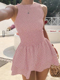 Women’s Smocked Gingham Sleeveless Ruffle Mini Dress: Pink / 100%Polyester / S