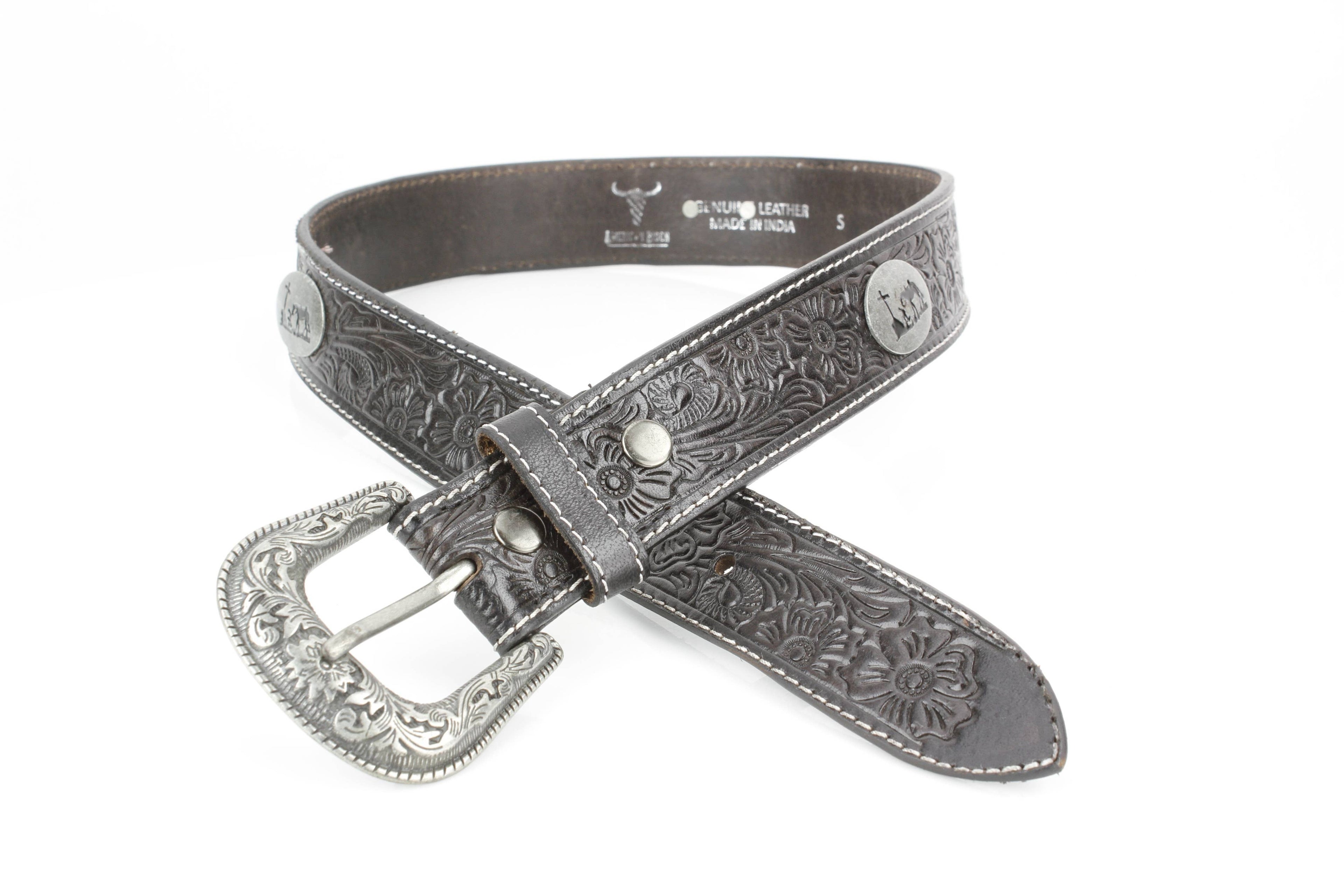 Tooled Leather Western Belt with Kneeling Cowboy ABB 14-2643
