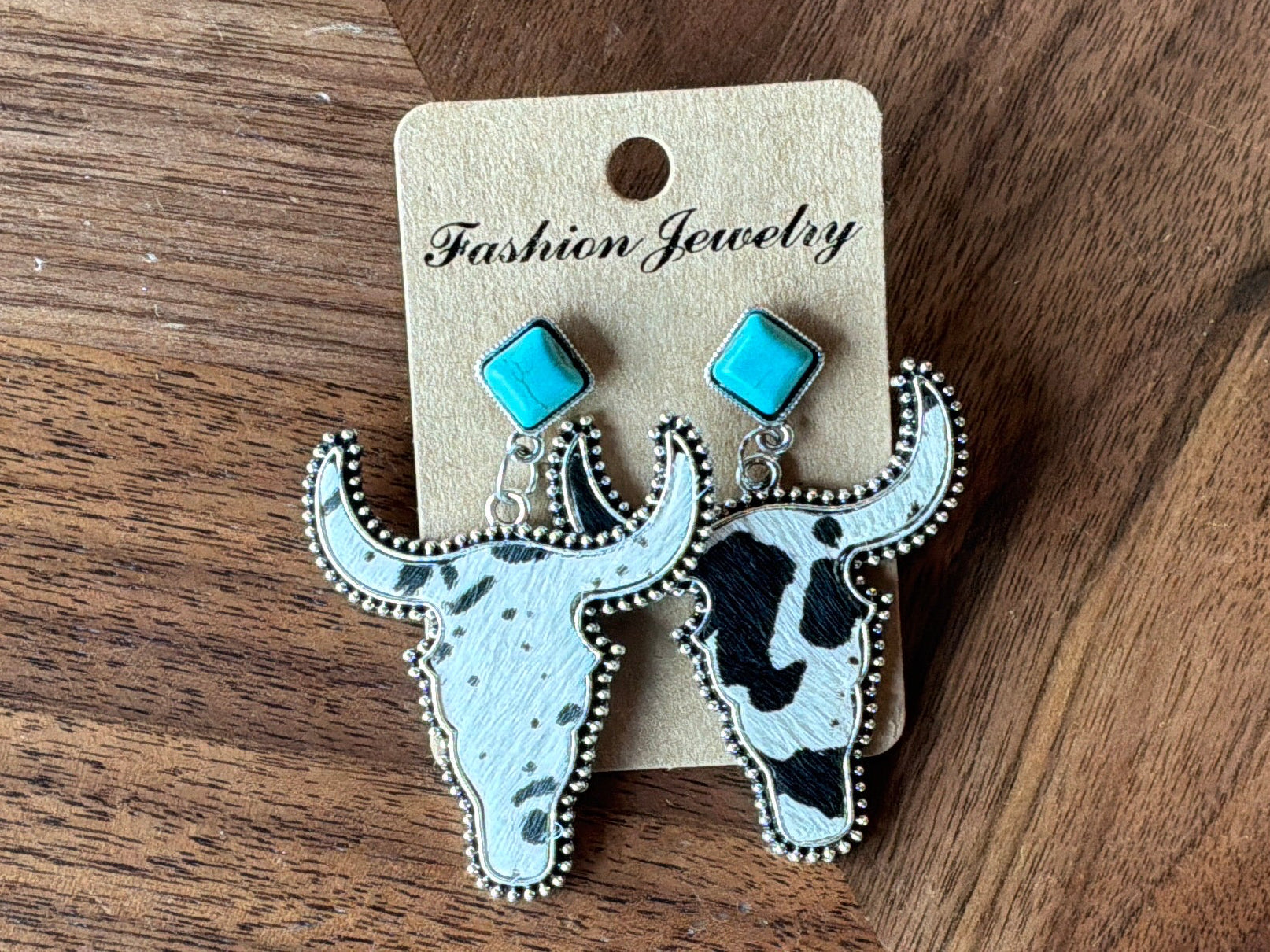 Turquoise Longhorn Cowhide Dangle Earrings