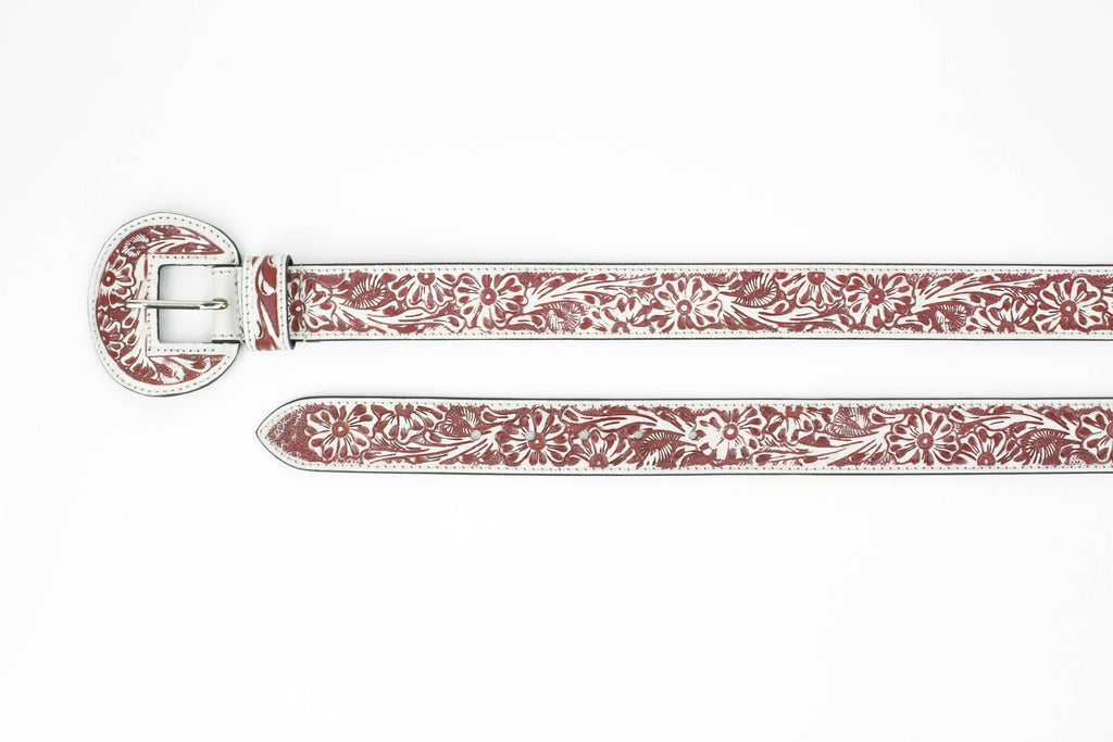 Tooled Floral Leather Belt with Covered Buckle ABB 38 1001