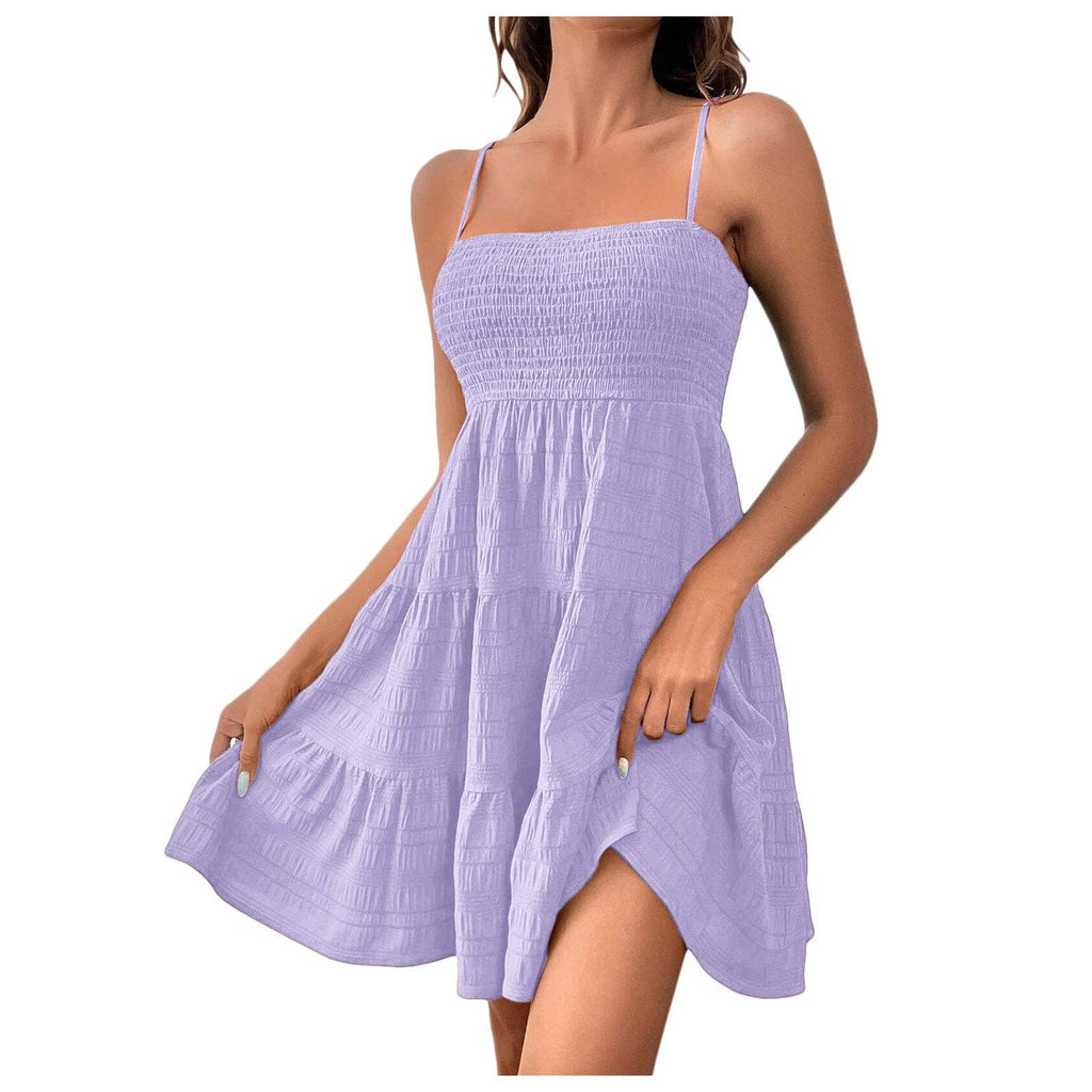Women’s Smocked Spaghetti Strap Tiered Mini Dress: Light Blue / 100% Polyester / M