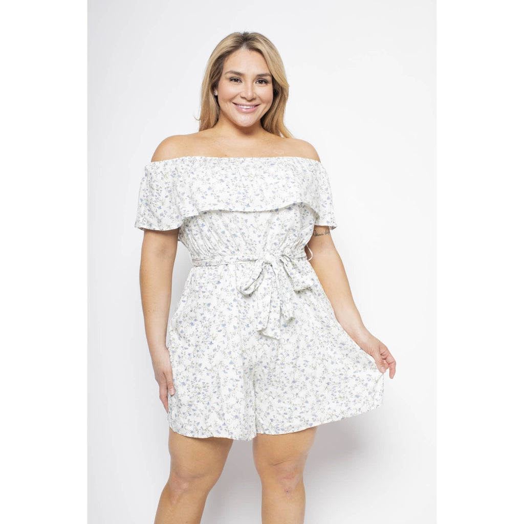 PLUS SIZE FLORAL FLOUNCE OFF SHOULDER ROMPER: White