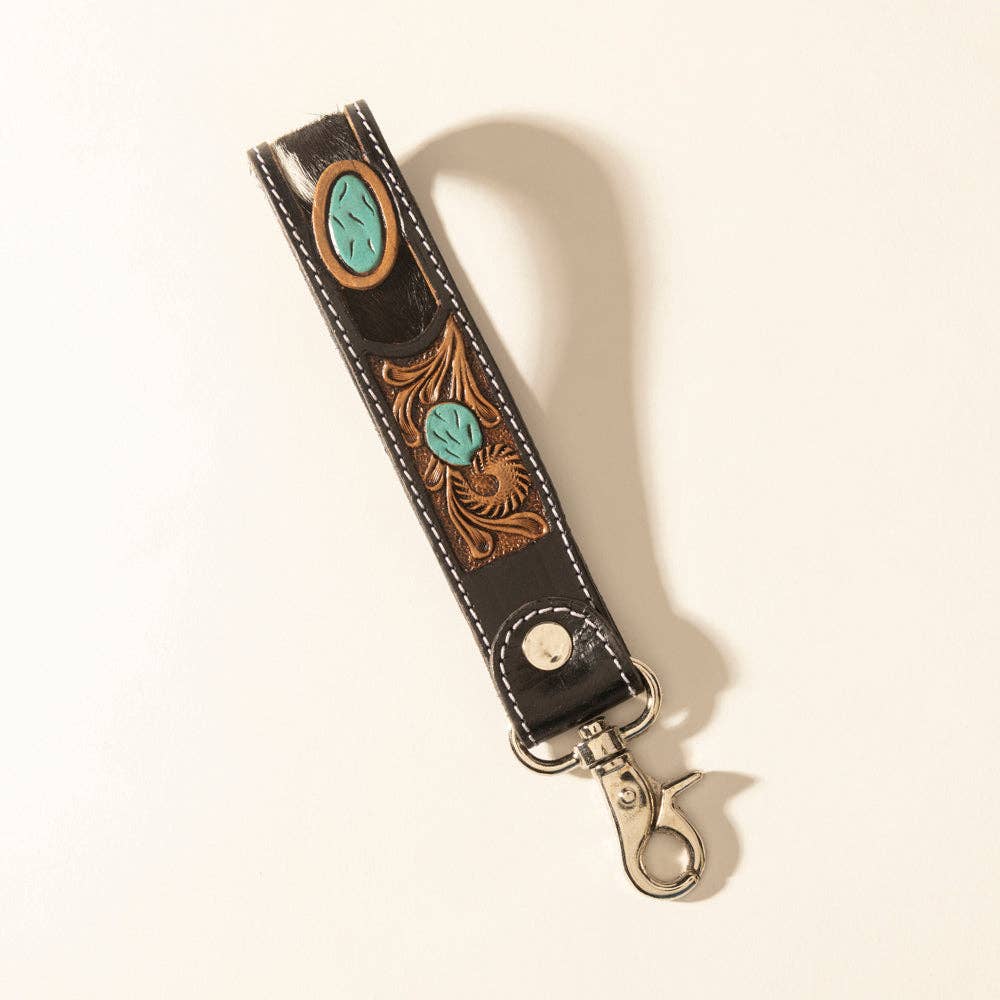 Myra Tallin Bloom Handtooled Leather Keyfob in Saddle Sky: Saddle Sky