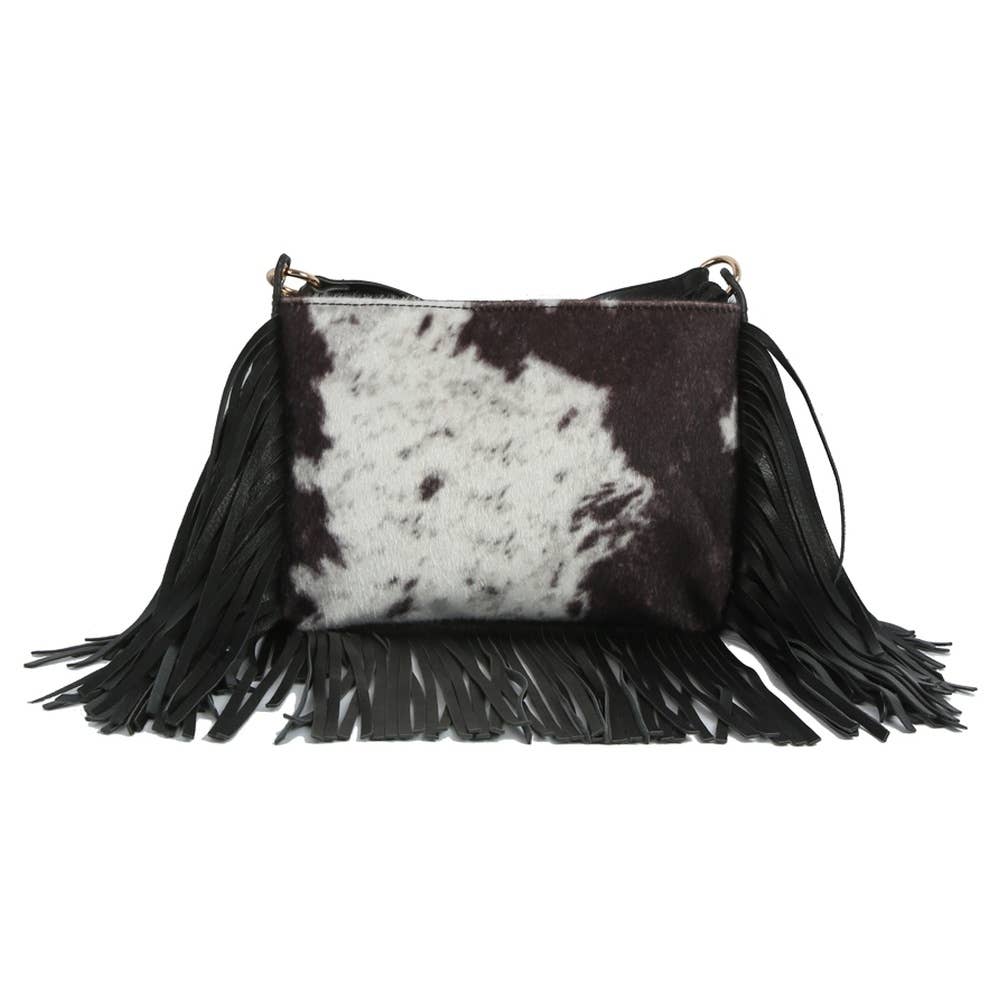 Calf Hair Cow Printed Fringe Crossbody Bag - BK