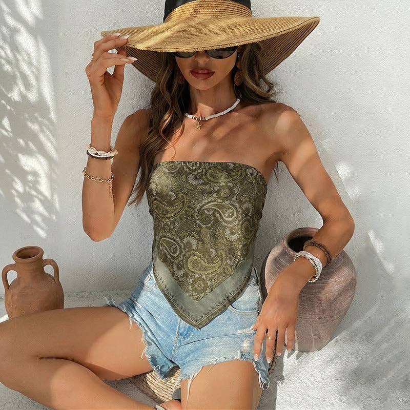 Boho Paisley Strapless Bandeau Handkerchief Top: Army Green / 95%Polyester 5% Elastane / M
