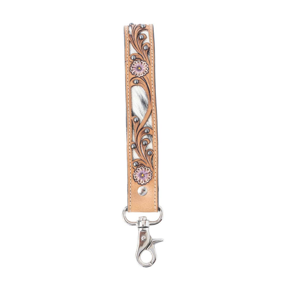 Pasture Petals Handtooled Leather Keyfob in Prairie Sand: Prairie Sand