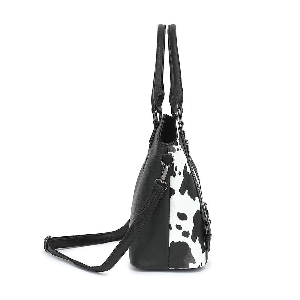 COW HANDBAG TOTE BAG CROSS BAG CLUTCH PURSE SET : Black