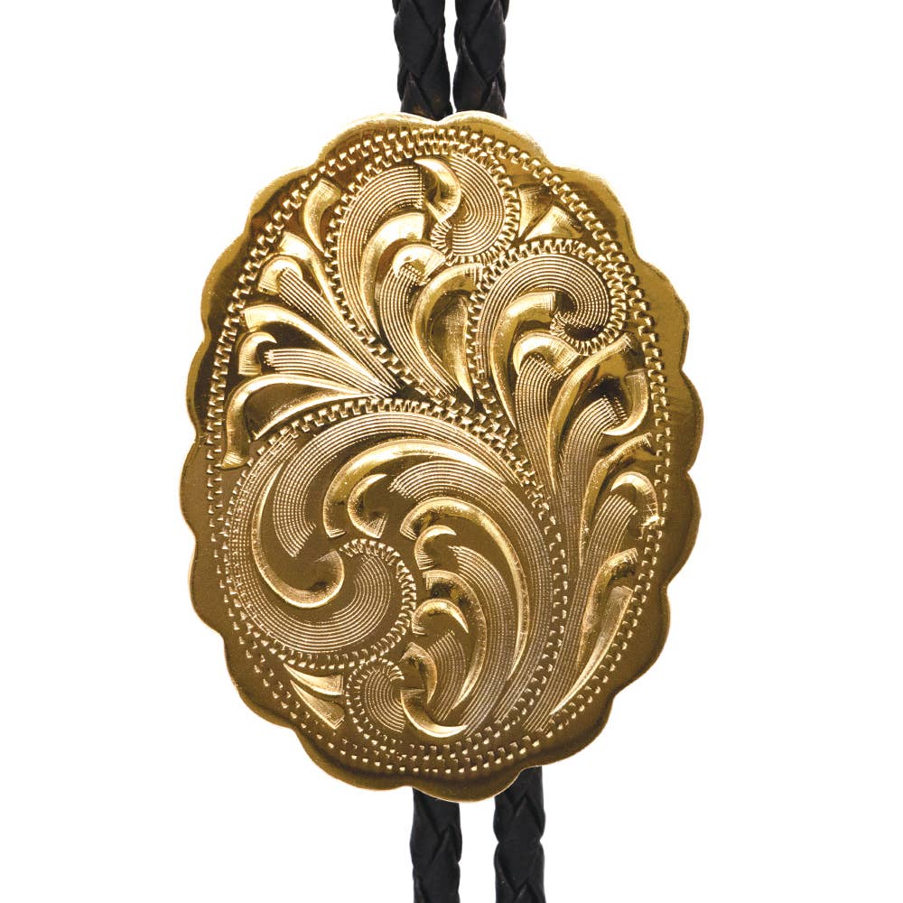 Engraved Gold Scalloped Oval German Silver Bolo Tie
