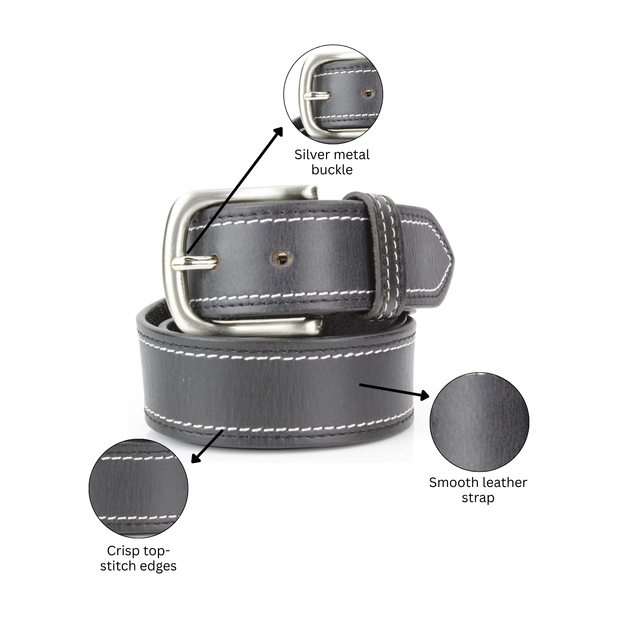 Men’s Classic Leather Belt with Top Stitch ABB 21 2521: Black