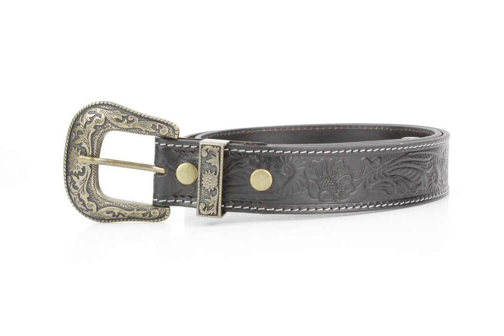 Black Tooled Leather Belt with Floral Filigree ABB 14-2630