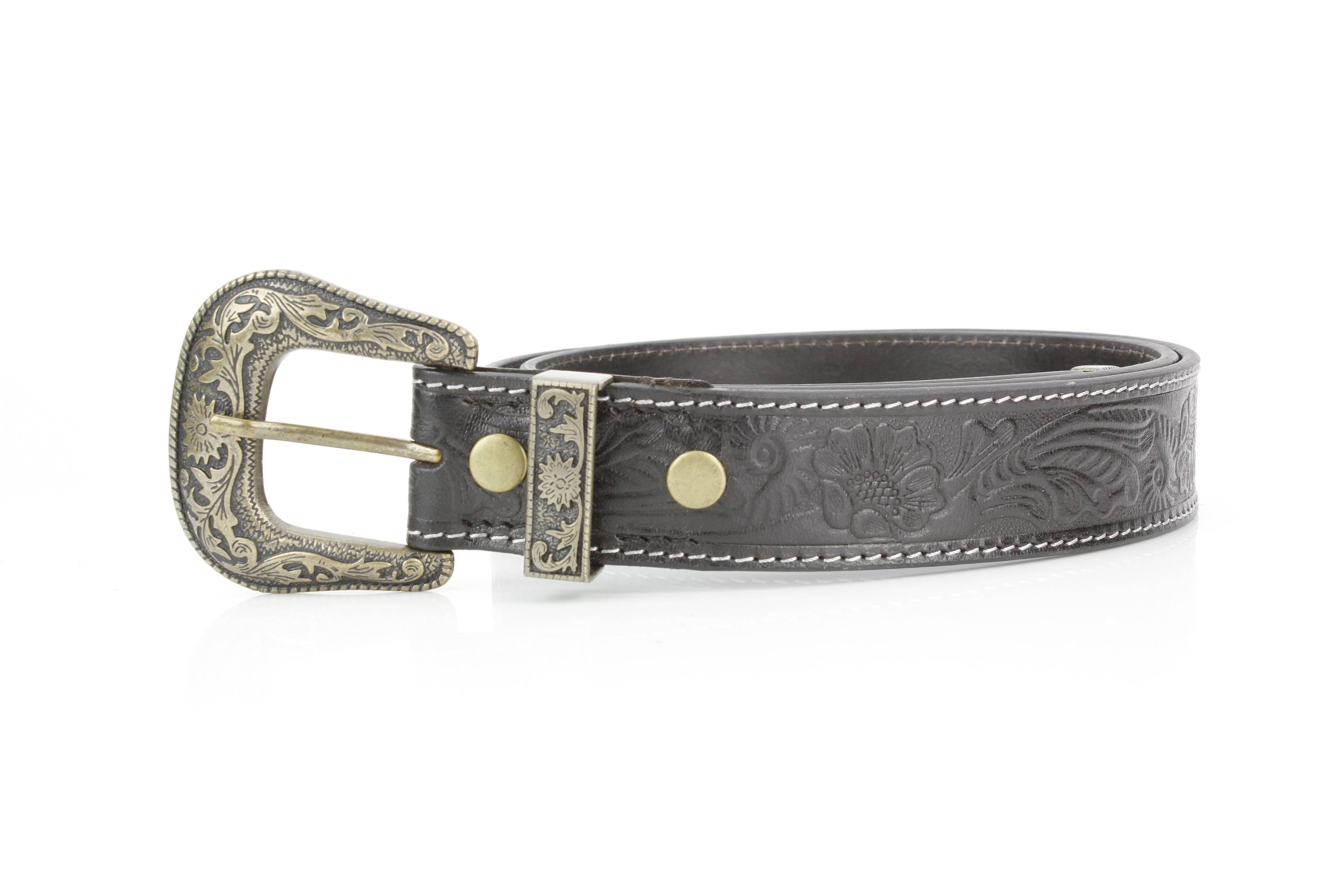 Black Tooled Leather Belt with Floral Filigree ABB 14-2630