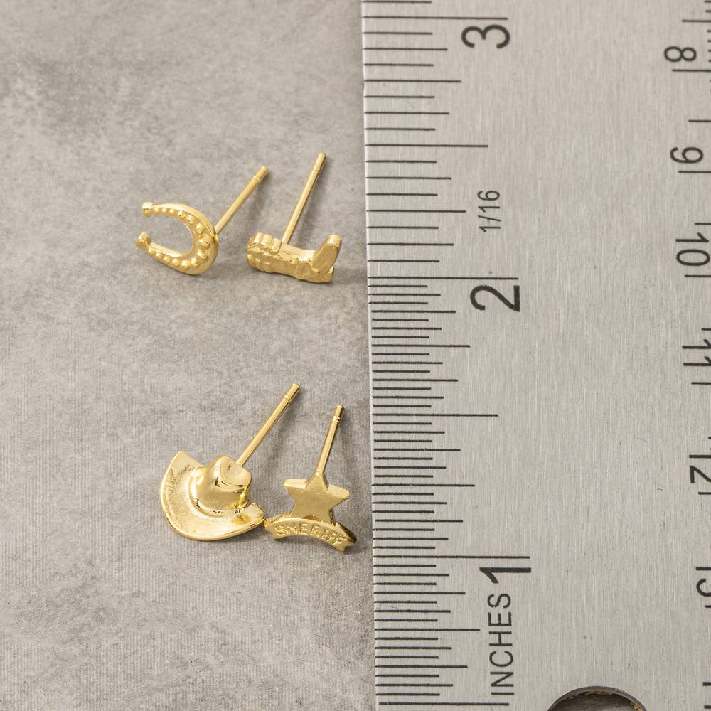 18K Gold Dipped Western Cowboy Stud Earring Set: G