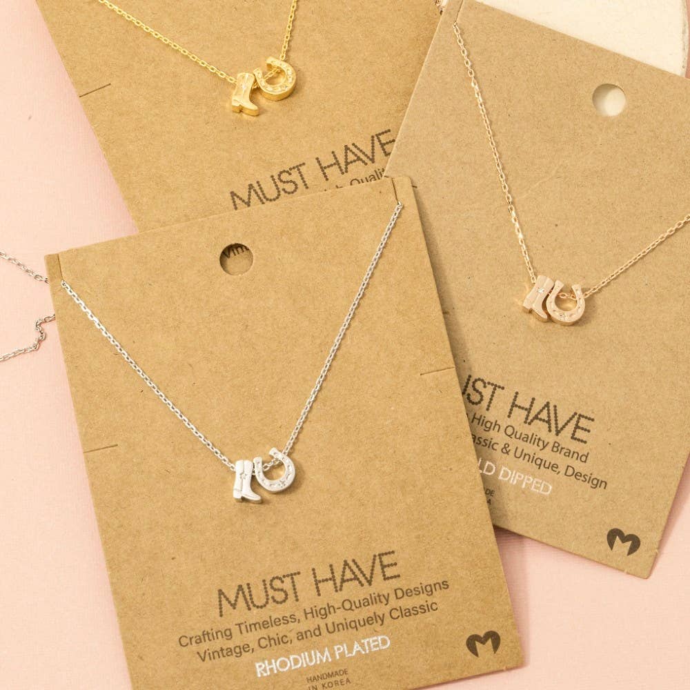 Cowboy Boots Horse Shoe Charm Necklace