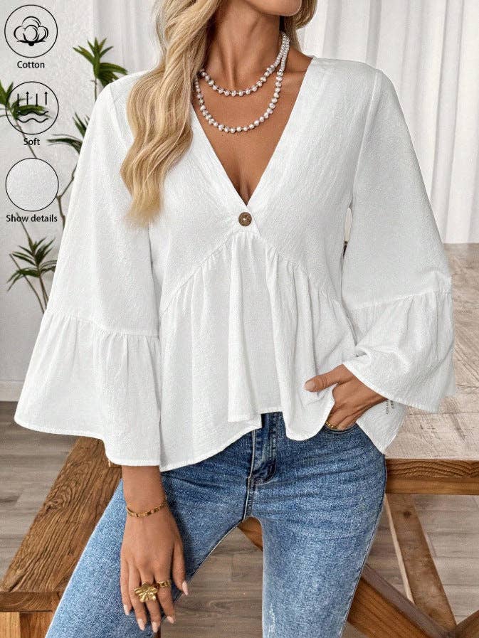 Cotton V-Neck Ruffle Sleeve Top Flowy Loose Blouse
