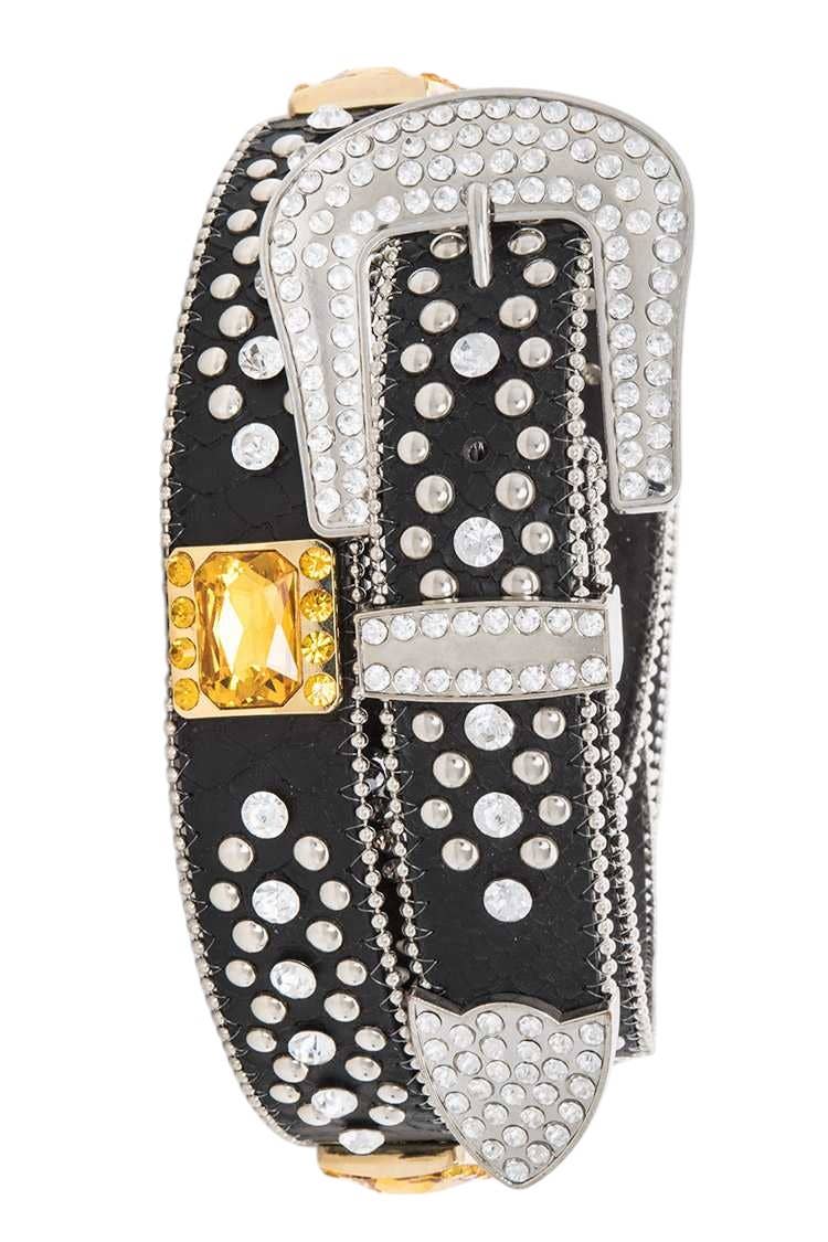 Crystal Square Heavy Stud Western Belt: Black/Clear