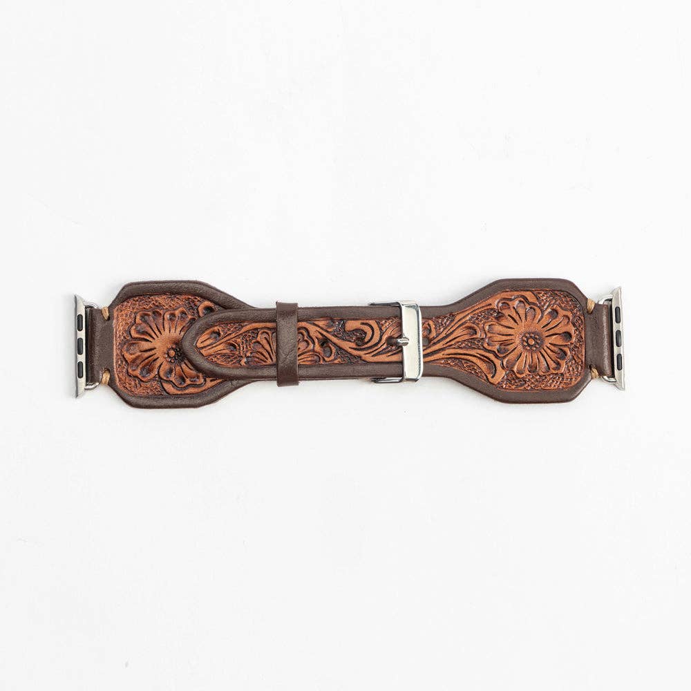 Lone Star Handtooled Leather Watch Band in Antique Mahogany