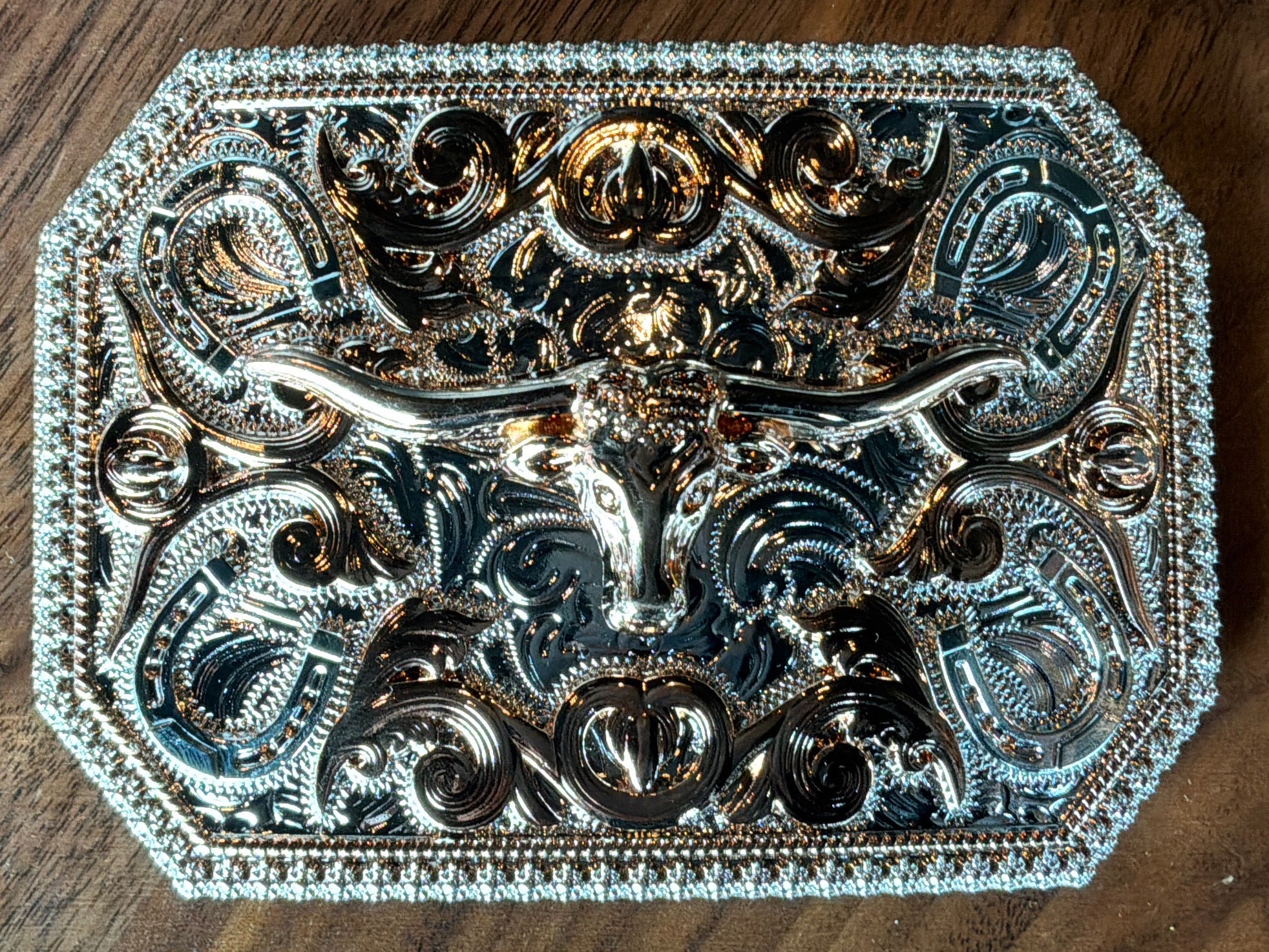 Rose Gold/Silver Horeshoe Long Horn Rectangle Belt Buckle