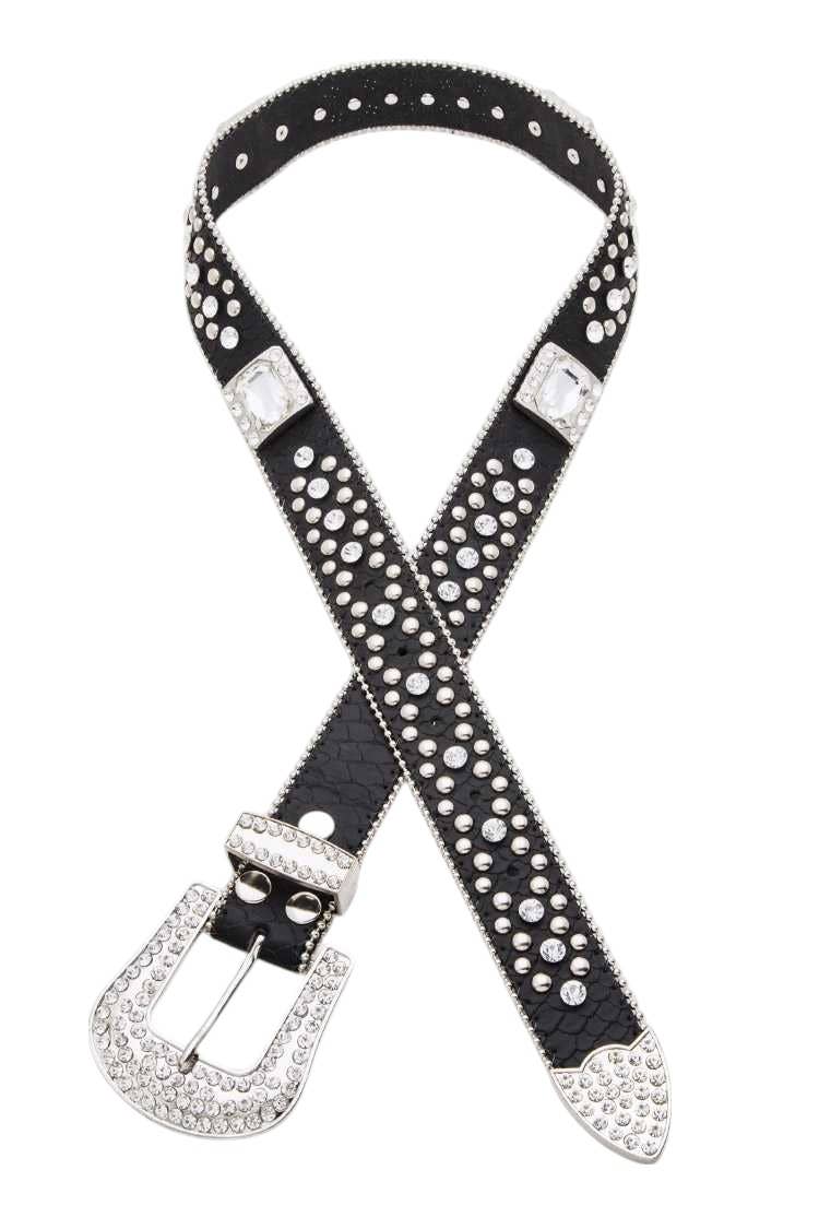 Crystal Square Heavy Stud Western Belt: Black/Clear