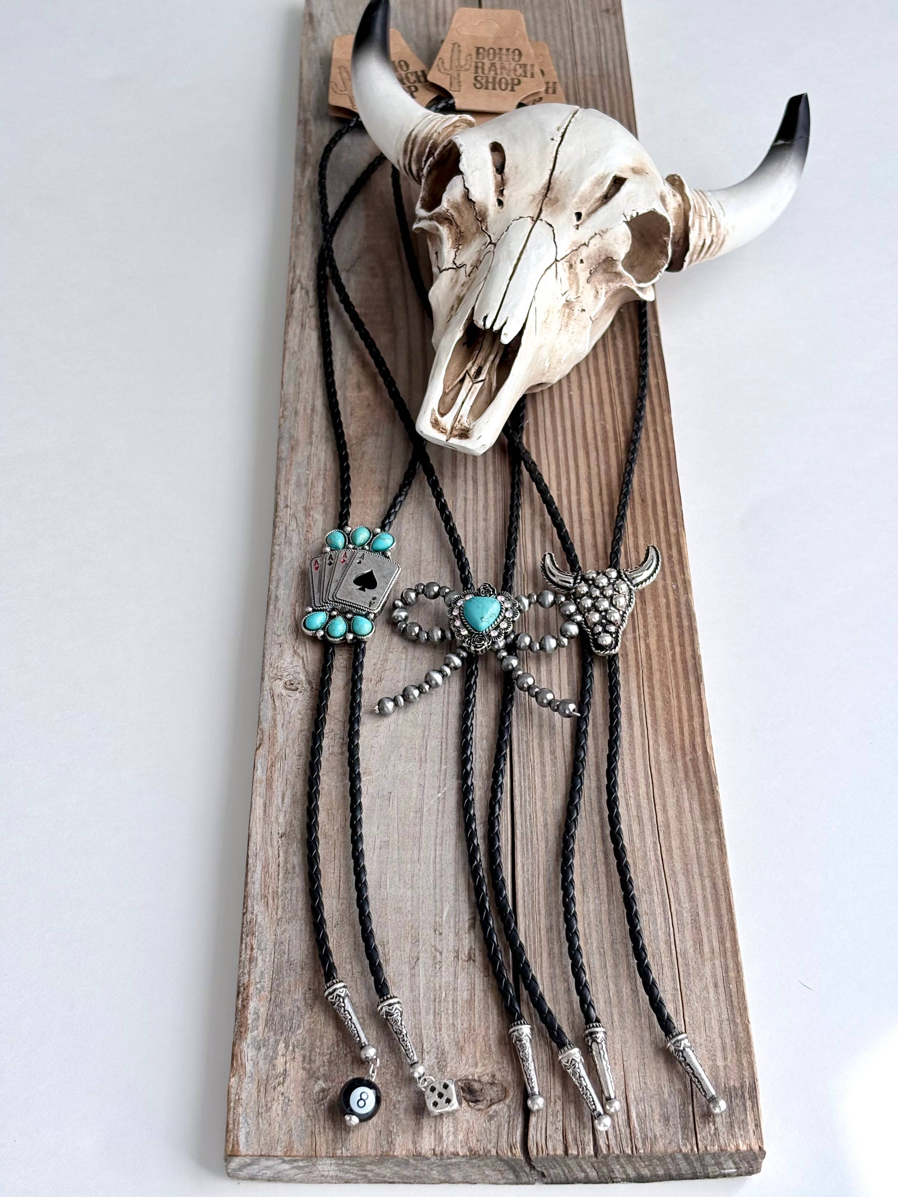 Western Style Bolo Tie Pendant w/ Leather Cord Necklace: Steerhead