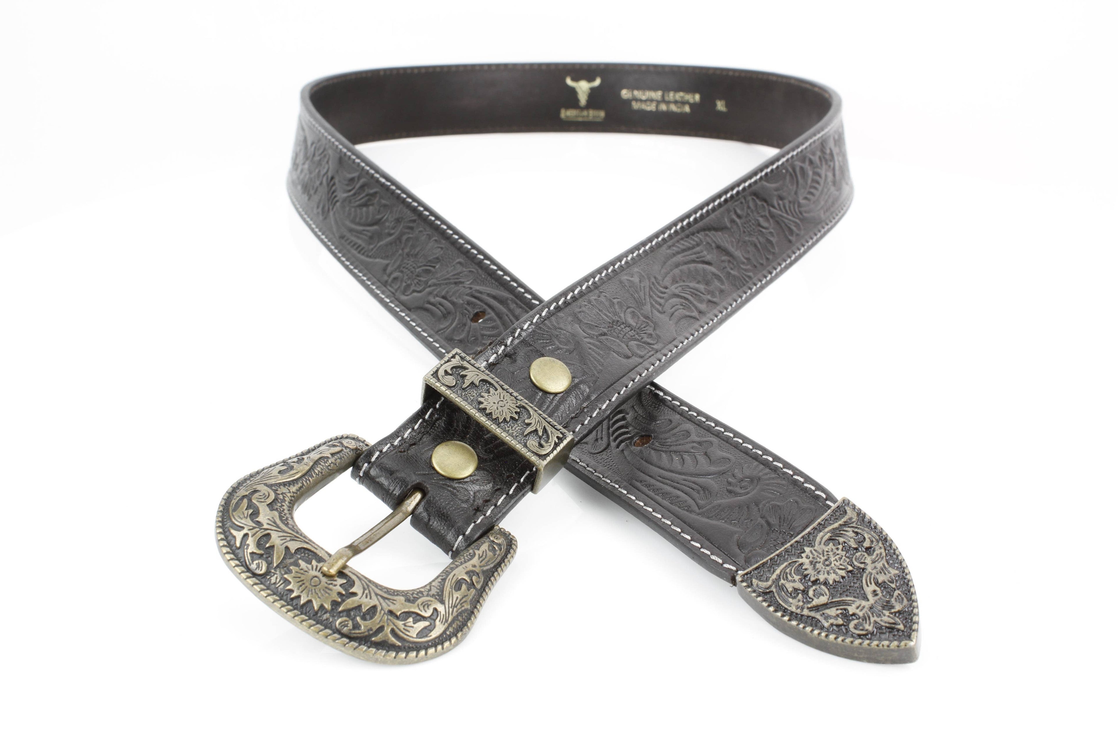 Black Tooled Leather Belt with Floral Filigree ABB 14-2630