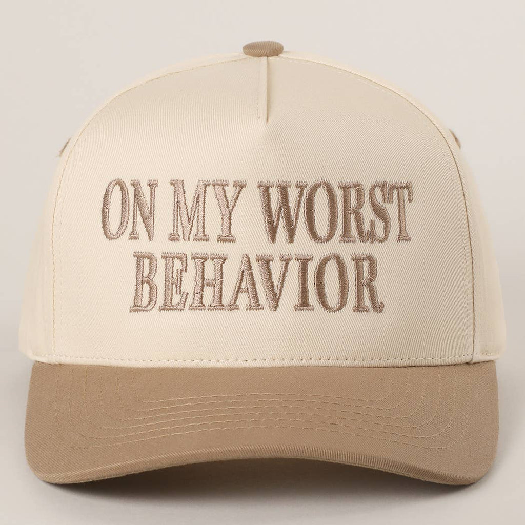 ON MY WORST BEHAVIOR Embroidered Trucker Hat: BROWN / One Size