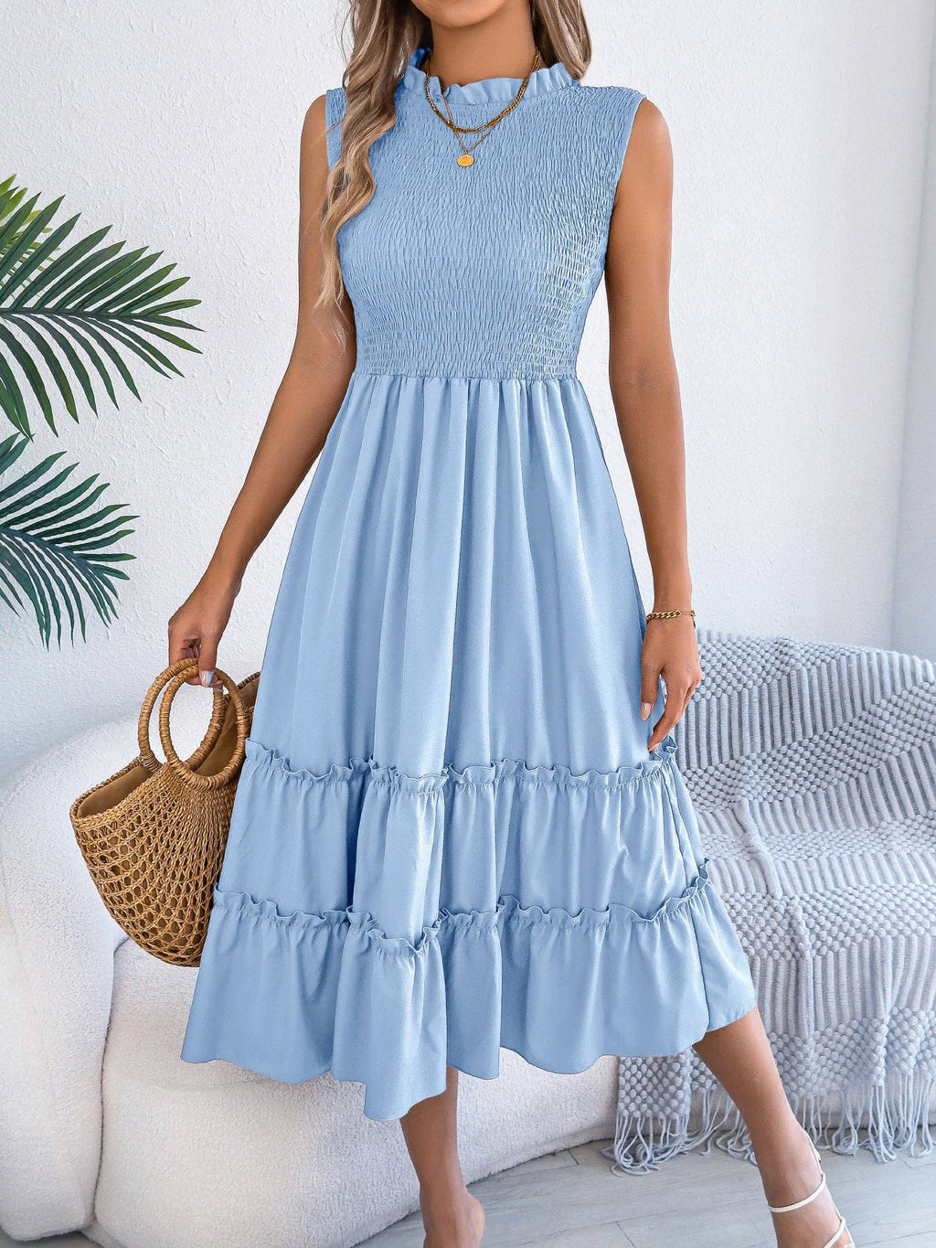 Smocked Sleeveless Ruffle Midi Dress Flowy Summer