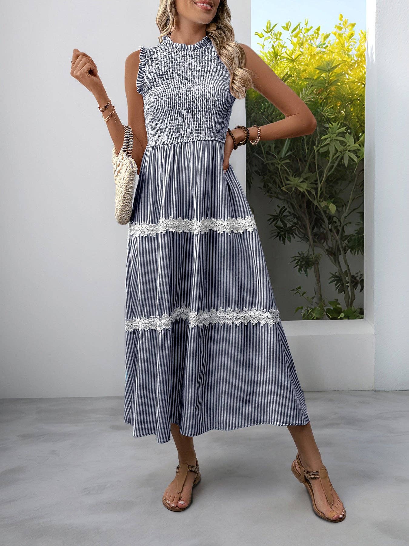 Sleeveless Striped Lace Midi Dress Ruffled A-Line Summer