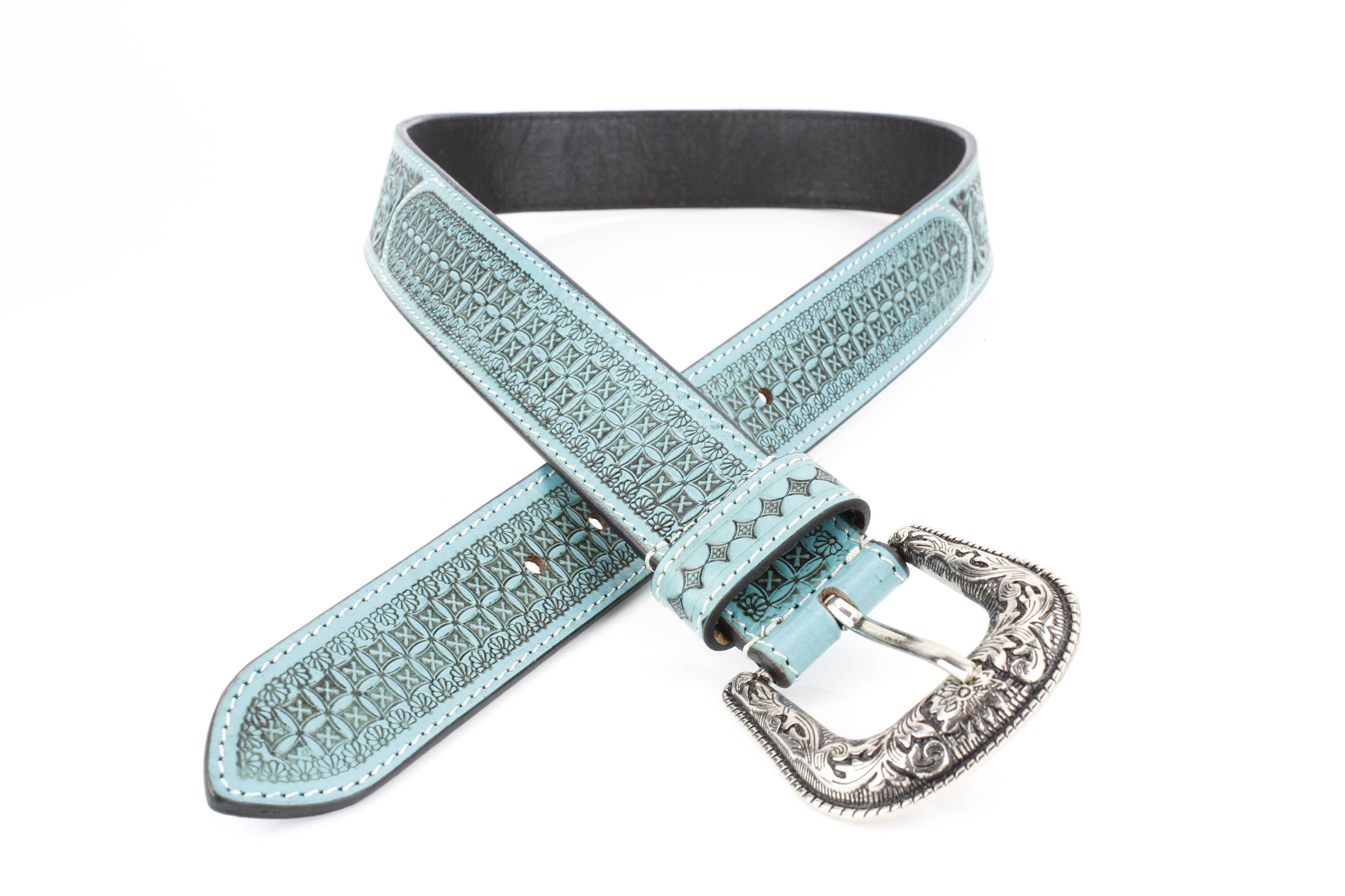 Turquoise Tooled Leather Western Belt Engraved ABB 38-1021