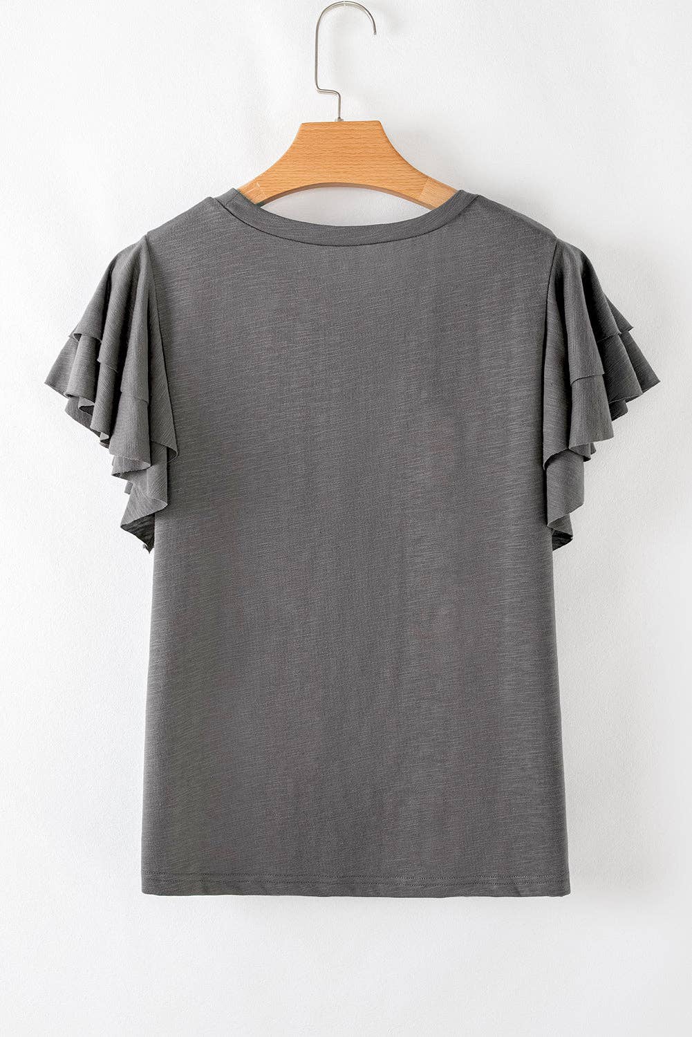 Dark Grey Ruffle Sleeve Tee Casual Summer Top: Dark Grey