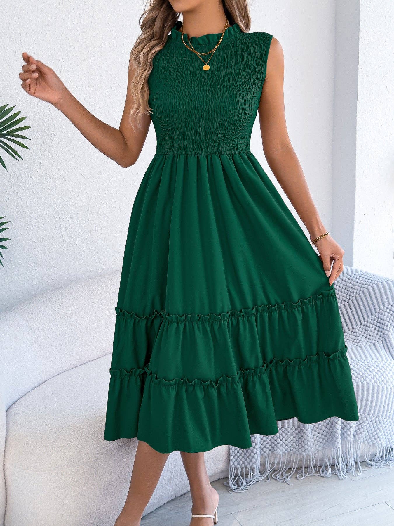 Smocked Sleeveless Ruffle Midi Dress Flowy Summer: Black / 95% Polyester+5% Elastane / L