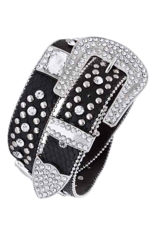Crystal Square Heavy Stud Western Belt: Black/Clear