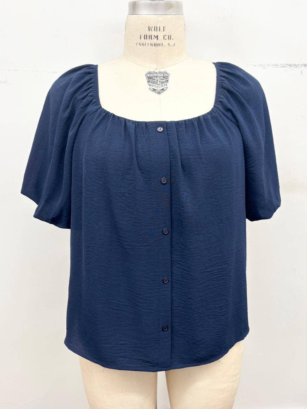 Plus Size Bubble Sleeve Button Front Blouse: Mocha