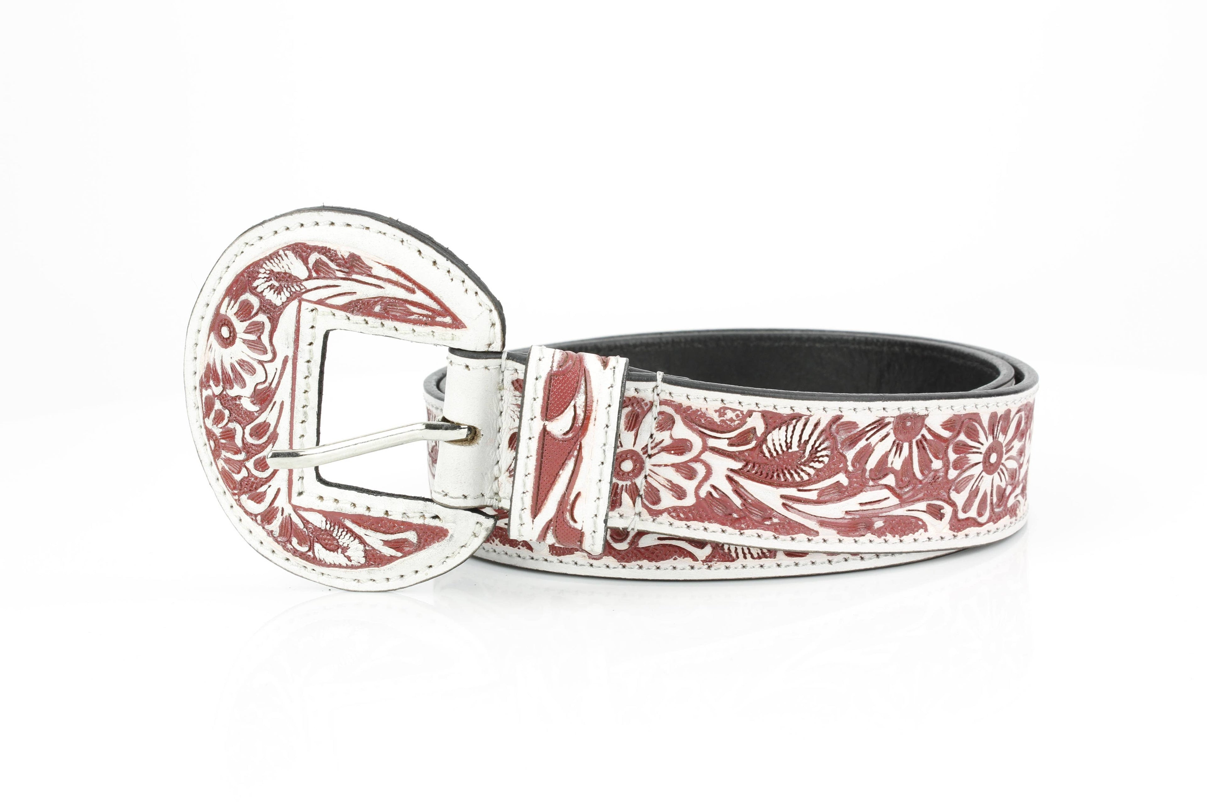 Tooled Floral Leather Belt with Covered Buckle ABB 38 1001