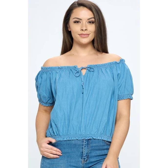 PLUS SIZE DENIM CHAMBRAY OFF THE SHOULDER RUFFLE TRIM ELASTI: DENIM / 3X