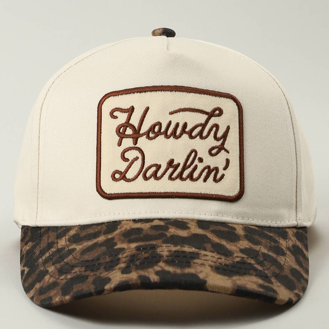 Howdy Darlin' Embroidered Leopard Brim Trucker Hat: BEIGE / ONE SIZE