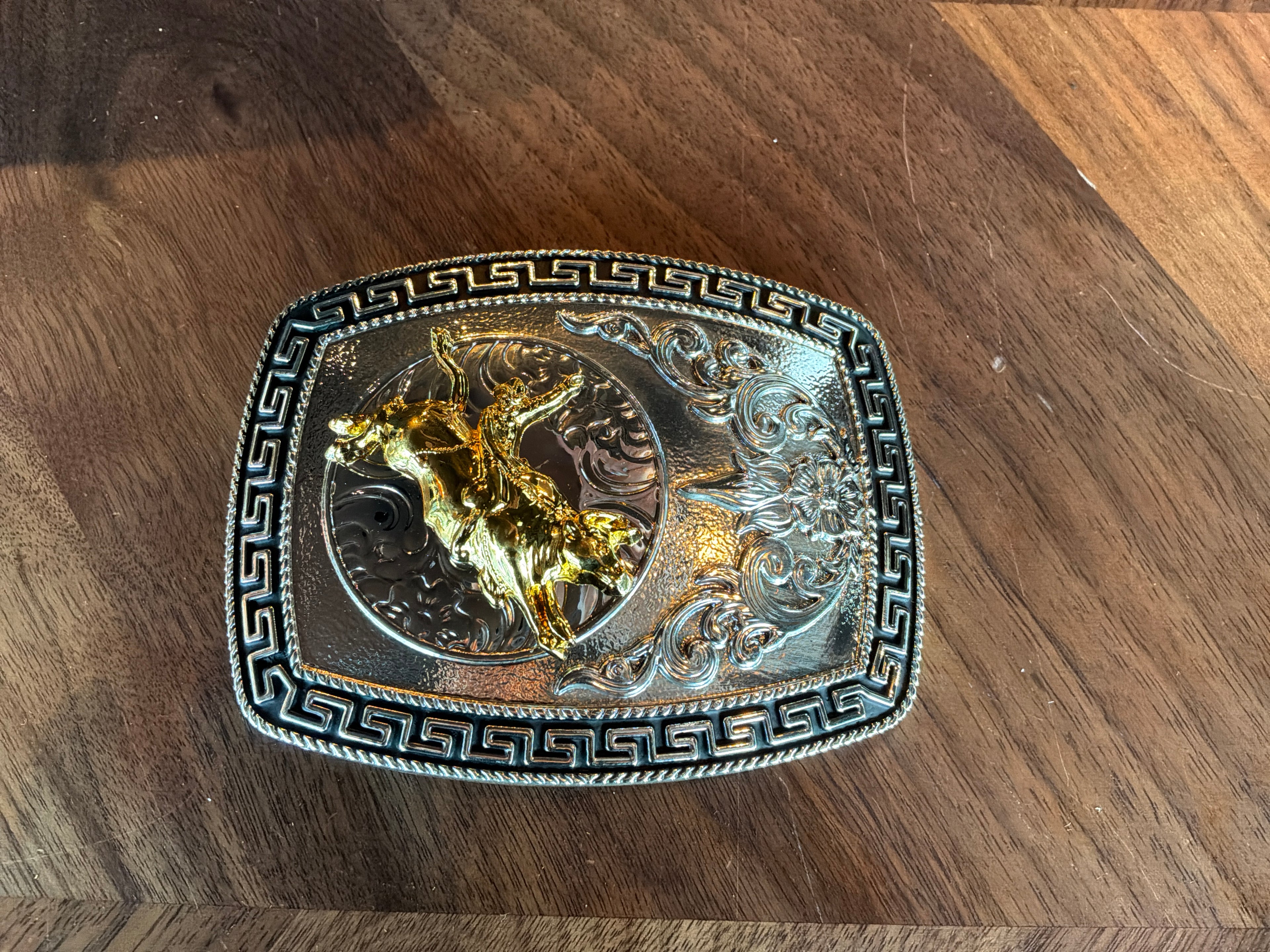 Gold/Silver Bull Rider Belt Buckle- Rectangle
