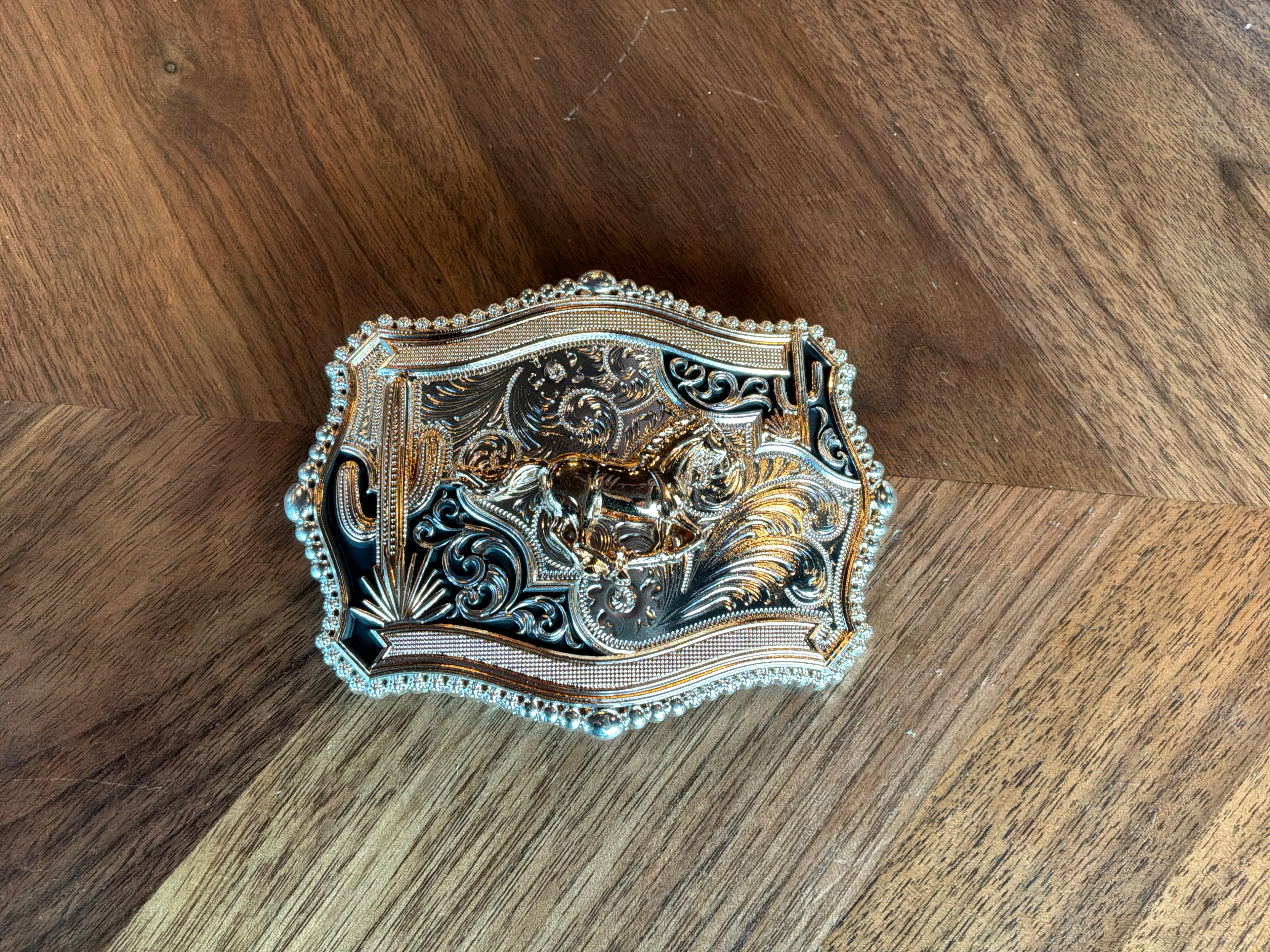 Rose Gold/Silver Galloping Horse with Cactus Belt Buckle