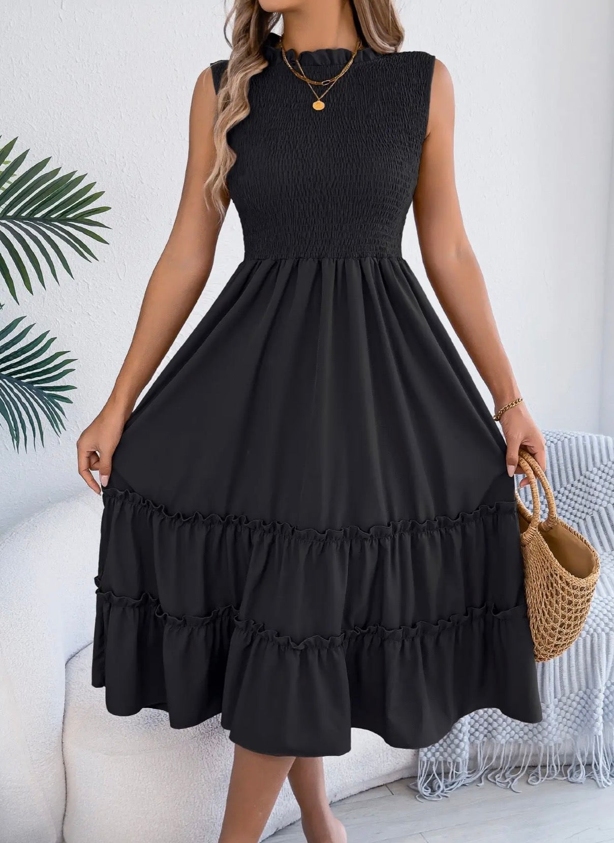 Smocked Sleeveless Ruffle Midi Dress Flowy Summer