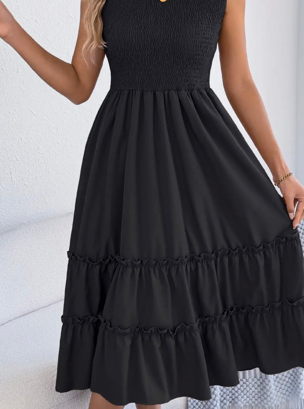 Smocked Sleeveless Ruffle Midi Dress Flowy Summer