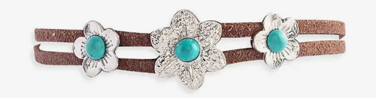 Flower with Brown Leather Band Bracelet
