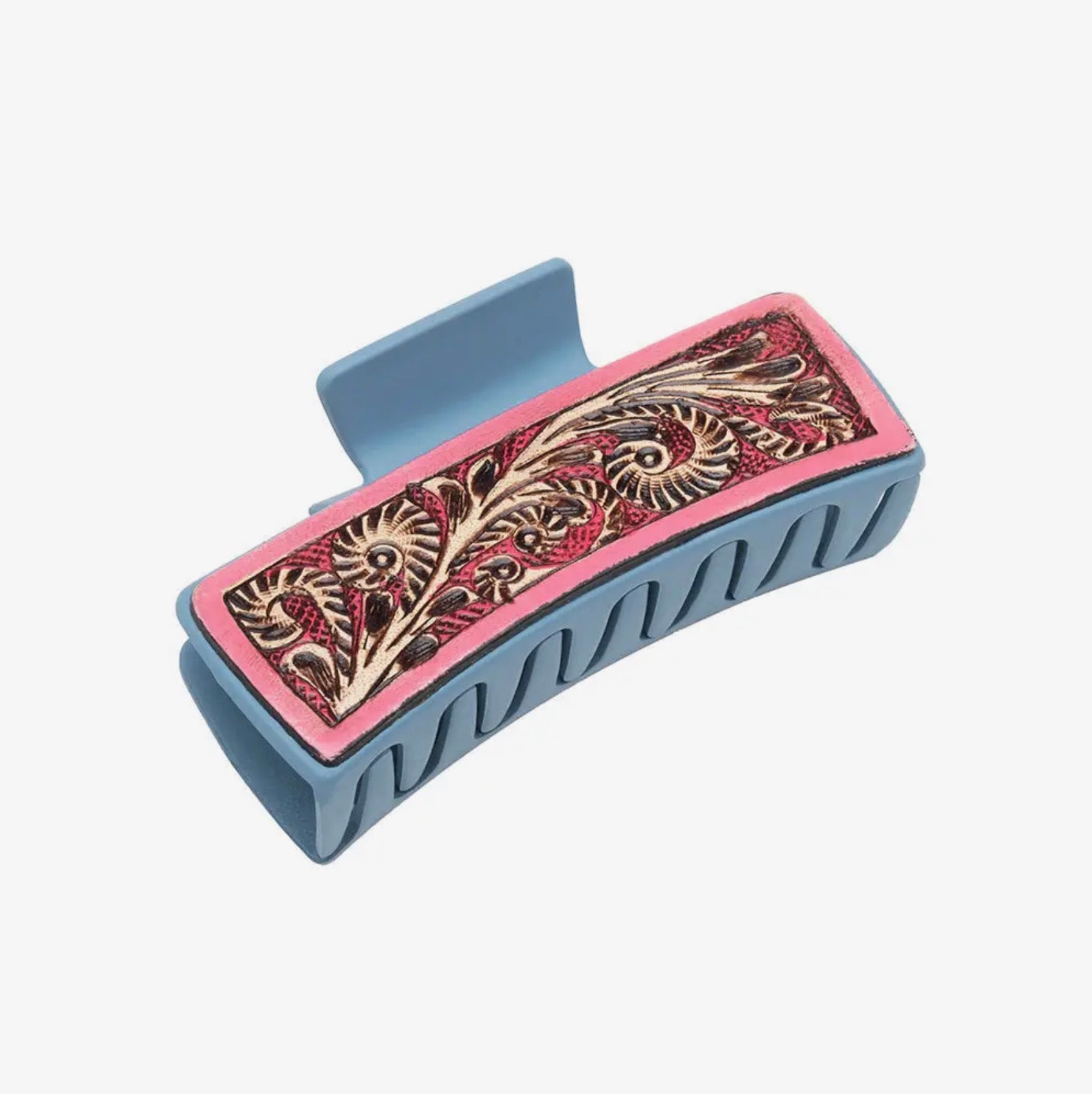 Blue with pink tooled leather claw clip