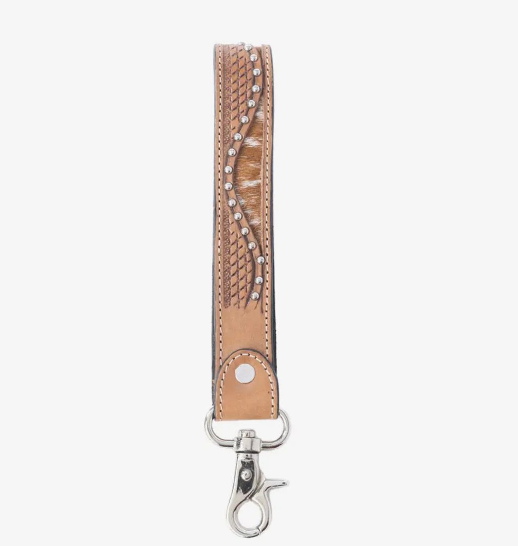 Bronco Wave Handtooled Leather Keyfob in Oakwood Amber