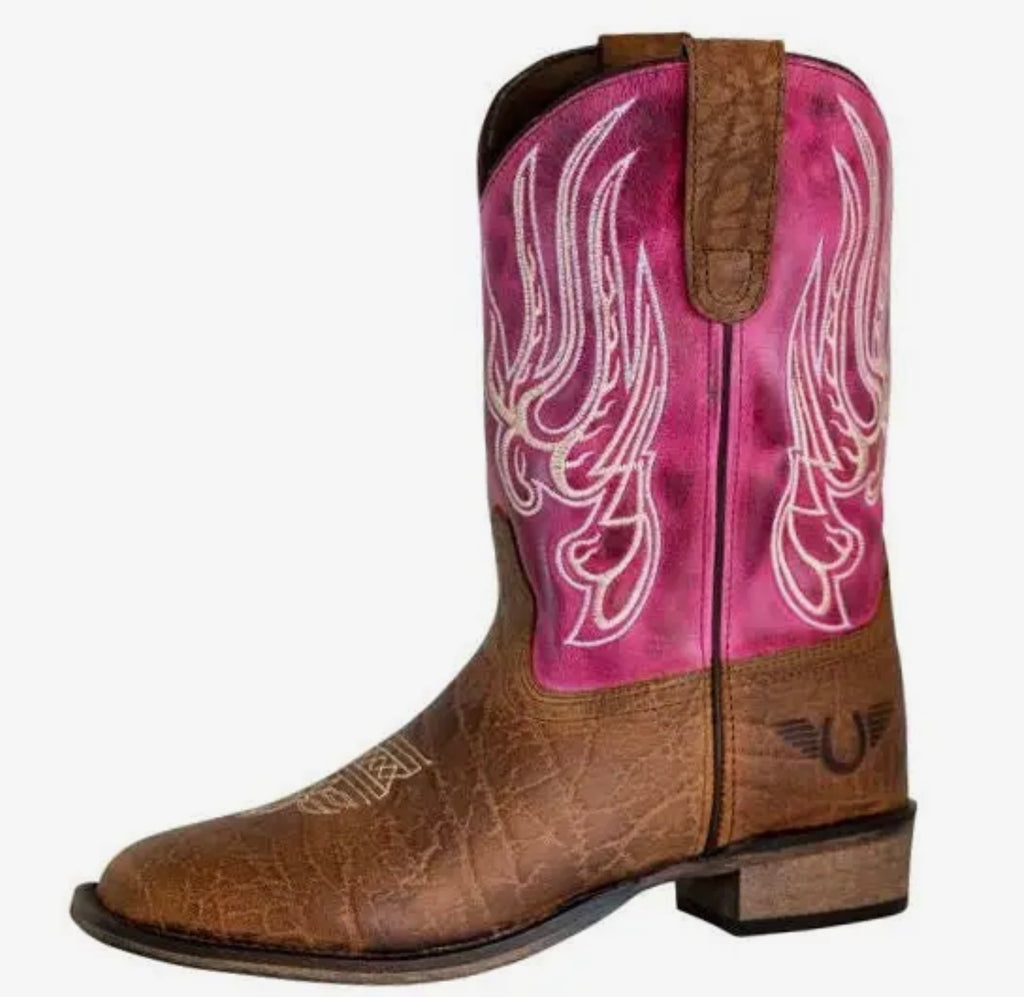 TuffRider Children Flame Embroidered Pink  Square Toe Western Boots