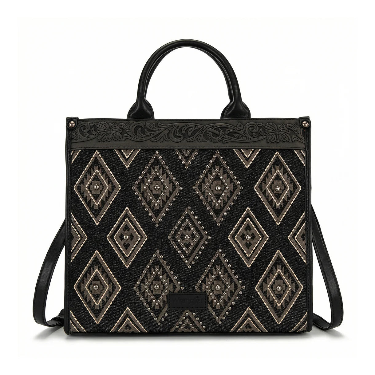 Black Aztec Studded Denim Tote/Crossbody Bag