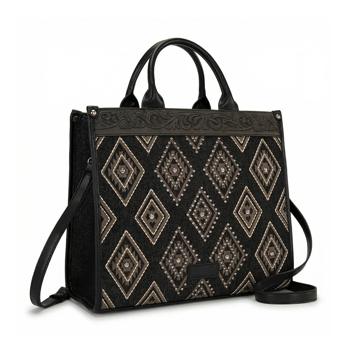 Black Aztec Studded Denim Tote/Crossbody Bag