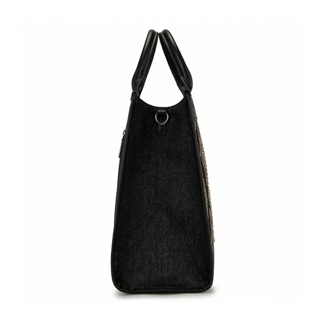 Black Aztec Studded Denim Tote/Crossbody Bag