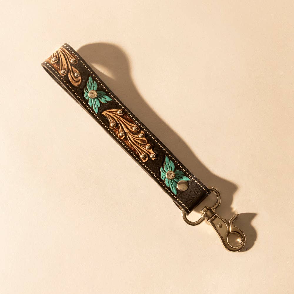 Wildhue Western Key Fob in black with turquoise floral handtooled detail: Black & Turquoise